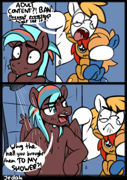 dialogue eyebrow_through_hair eyebrows facial_hair feral group hair male shower text translucent translucent_hair water wings jedayskayvoker hasbro my_little_pony mythology thunder_twist earth_pony equid equine horse mammal mythological_creature mythological_equine pegasus pony absurd_res comic english_text hi_res