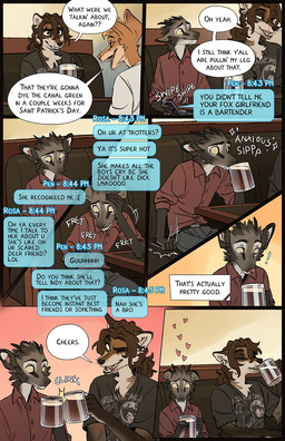 anthro beer_mug biped black_nose booth_seating brown_body brown_eyes brown_fur canine_teeth cellphone cheek_tuft clinking clothed clothed_anthro clothing container cup dialogue drinking drinking_beer electronics facial_tuft fur furniture glass glass_container glass_cup grey_body grey_fur group head_tuft heart_symbol holding_beer_mug holding_cellphone holding_container holding_cup holding_object holding_phone holding_smartphone inner_monologue looking_at_cellphone looking_at_object looking_at_phone male message_box orange_body orange_fur phone pointy_ears prick_ears sitting smartphone snout speech_bubble table tan_body tan_fur text text_box text_message texting thinking toasting trio tuft tusks yellow_sclera falco_works indy_(justroadkill) pen_(falco_works) canid canine canis cervine coyote deer mammal tufted_deer 2025 comic digital_media_(artwork) english_text hi_res