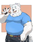 anthro belly belt clothing fur gesture hair male overweight pawpads ponytail shirt solo t-shirt topwear waving white_body white_fur ateeesta_92 lifewonders live_a_hero yohack canid canine canis domestic_dog mammal nordic_sled_dog samoyed spitz hi_res