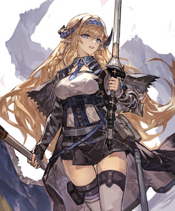 blonde_hair blue_eyes bottomwear braided_hair breasts clothing female flag flag_(object) front_view hair holding_flag holding_melee_weapon holding_object holding_sword holding_weapon horn humanoid_pointy_ears long_hair melee_weapon not_furry pointy_ears skirt smile solo sword weapon shinken_romi arknights hypergryph studio_montagne saileach_(arknights) humanoid 2023 absurd_res digital_media_(artwork) hi_res