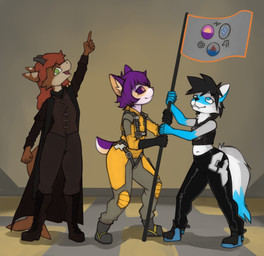 adolescent anthro bangs biped clothed clothed_anthro clothed_male clothing dipstick_tail flag flag_raising gesture group hair hand_gesture long_coat long_hair male male_anthro markings open_mouth pointing pointing_up shadow short_hair smile standing tail tail_markings three-quarter_view trio young young_anthro young_male marsminer made_in_abyss aquatic canid canine fish fox mammal narehate shark 2023 digital_drawing_(artwork) digital_media_(artwork) hi_res shaded simple_shading