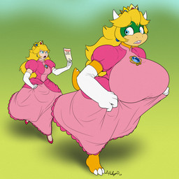 3_toes alternative_fashion angry anthro barefoot big_breasts blonde_hair blue_eyes breasts clothing crown dress duo feet female footwear gloves hair handwear headgear high_heels hime_lolita holding_object holding_paper horn j-fashion lolita_(fashion) looking_back paper pink_clothing pink_dress pink_footwear pink_high_heels running scared shoes simple_background tail text toes white_clothing white_gloves white_handwear halcy0n mario_bros nintendo princess_koopa princess_peach dragon_koopa human koopa mammal scalie 1:1 2025 digital_media_(artwork) english_text hi_res