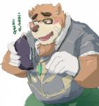 anthro belly blush bottomwear brown_body brown_fur clothing eggplant eyewear food fruit fur glasses gloves handwear humanoid_hands male overweight overweight_anthro overweight_male pants plant shirt simple_background solo text topwear white_background train5 train_(artist) lifewonders tokyo_afterschool_summoners volos_(tas) bear mammal 2020 japanese_text