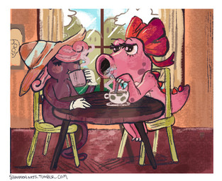 accessory beverage black_eyes blush bow_ribbon clothing coffee container cup drinking duo eyes_closed female hair hair_accessory hair_bow hair_ribbon hat headgear headwear pink_body pink_hair pink_skin purple_body ribbons siphon_(anatomy) sitting acornfriend shannonarts mario_bros nintendo paper_mario birdo_(character) vivian_(mario) birdo ghost pink_birdo shadow_siren spirit trans_(lore) trans_woman_(lore)