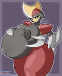 2023 absurd_res areola armor belly big_belly big_breasts biped bisharp blade blade_arm bootleggz breasts cel_shading clothing digital_media_(artwork) eyelashes female frown generation_5_pokemon glistening glistening_body grey_areola grey_body grey_nipples headgear headwear hi_res horn huge_belly huge_breasts humanoid looking_at_viewer navel nintendo nipples not_furry nude pokemon pokemon_(species) pregnant pregnant_female pregnant_humanoid red_body shaded signature simple_background solo thick_thighs