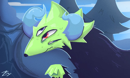 3_eyes anthro black_body black_fur black_nose blue_horn bodily_fluids detailed_background fluffy forest forest_background fur green_body green_fur green_head horn male multi_eye nervous plant purple_eyes red_eyes small_nose solo sweat tree yamuito yamuito_(oc) overdragon hi_res watermark