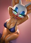 anthro belly big_breasts bikini blue_eyeshadow blush bottomwear breasts cleavage clothed clothing collarbone eyelashes eyeshadow female fur glistening glistening_arms glistening_body glistening_breasts glistening_ears glistening_eyeshadow glistening_legs glistening_skin green_eyes looking_at_viewer makeup micro_bikini navel side_boob slightly_chubby solo swimwear tan_body tan_skin text thick_thighs tongue topwear two-piece_swimsuit white_body white_fur wide_hips smitty34 nottanj_(modeler) sega sonic_the_hedgehog_(series) rouge_the_bat bat mammal 2024 3d_(artwork) digital_media_(artwork) english_text hi_res