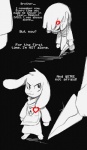 ambiguous_gender anthro dialogue duo fur heart_symbol knife male smile text what_if white_body white_fur young fatz_geronimo undertale undertale_(series) asriel_dreemurr frisk_(undertale) boss_monster_(undertale) bovid caprine goat human mammal soul_(undertale) 2015 black_and_white_and_red comic english_text monochrome