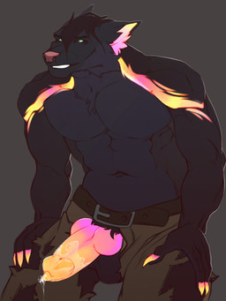 abs animal_genitalia animal_penis anthro balls big_penis black_sclera bodily_fluids bottomwear canine_genitalia canine_penis clothed clothing erection genital_fluids genitals green_eyes hair knot knotted_penis male muscular navel open_bottomwear open_clothing open_pants pants pants_only pecs penis pink_nose precum short_hair simple_background snout solo topless torn_bottomwear torn_clothing torn_pants maison_6 canid canine mammal 3:4 colored digital_drawing_(artwork) digital_media_(artwork) flat_colors hi_res