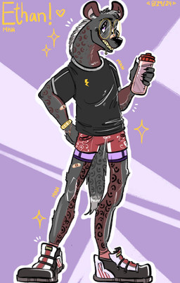 :3 anthro athletic athletic_anthro athletic_wear bandage bandage_on_face bandage_on_nose bodily_fluids bottle bottomwear bracelet clothing container dorsal_mane drooling ears_up emblem eyewear footwear fur glasses grey_body grey_clothing grey_fur grey_shirt grey_tail grey_topwear gym_bottomwear gym_shorts heart_symbol jewelry leaning leaning_sideways looking_up male mane maroon_fur maroon_markings purple_eyes round_glasses saliva shirt shoes shorts showing_teeth simple_background smile sneakers solo spots standing star tail text topwear water_bottle white_mane unknown_artist ethan_(existance) humanoid hyena mammal 2024 dated hi_res
