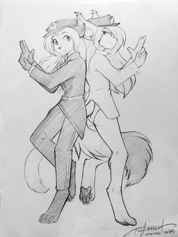 4_toes anthro back_to_back barefoot black_pawpads butt claws clothed clothed_anthro clothed_female clothing digitigrade duo feet female furgonomics grey_background gun handgun looking_at_another looking_back one_leg_up panties pantsless pawpads paws police police_hat police_uniform raised_leg ranged_weapon simple_background smile soles toe_claws toes underwear uniform weapon conditional_dnp tom_fischbach twokinds laura_(twokinds) victoria_(twokinds) basitin canid canine fox keidran mammal 2025 graphite_(artwork) greyscale hi_res monochrome sketch traditional_media_(artwork)