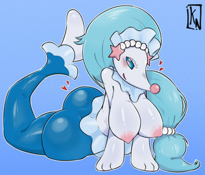 anthro areola big_breasts big_butt blue_background blue_body blue_eyes blue_hair blush blush_lines breasts butt eyelashes female fish_tail front_view hair long_hair nipples pink_areola pink_nipples pink_nose simple_background solo starfish_(accessory) white_body wide_hips katoneko nintendo pokemon aquatic asterozoan echinoderm generation_7_pokemon pokemon_(species) primarina starfish hi_res