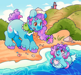 beach blue_sky clothing cloven_hooves cutie_mark day duo eyelashes facial_hair fangs feathering female feral fur grass hair hat headgear headwear hooves light lighthouse long_mane male mane outside plant purple_hooves purple_mane quadruped rock seashell shell sideburns sky smile split_form teeth text toony water young cocopudu hasbro mlp_g1 my_little_pony baby_sea_princess salty_(mlp) aquatic earth_pony equid equine horse mammal merfolk pony 2024 artist_name colored digital_drawing_(artwork) digital_media_(artwork) english_description hi_res lighting