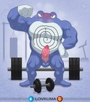 2020 amphibian animal_genitalia animal_penis anthro anthrofied balls biceps blue_background blue_body blue_skin blush bodily_fluids dumbbell erection exercise fist foreskin frown generation_1_pokemon genital_slit genitals gloves_(marking) gym hi_res humanoid_genitalia humanoid_penis hybrid_genitalia long_foreskin lovkuma male markings multicolored_body multicolored_skin musclegut muscular muscular_anthro muscular_male musk nintendo pecs penis pink_penis pinup pokemon pokemon_(species) pokemorph poliwrath pose punching_bag signature simple_background solo spiral sweat tapering_penis text treadmill two_tone_body two_tone_skin vein veiny_muscles veiny_penis weights white_body white_skin
