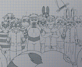 anthro clothing competition costume female group group_photo halloween_costume halloween_decoration holding_butt holidays male monotone_background raccoon_tail raised_tail simple_background tail taking_picture haru_raccoon halloween haru_(haru_raccoon) scott_(haru_raccoon) avian bird bovid canid canine canis caprine fox goat lagomorph leporid mammal mouse murid murine mustelid otter procyonid rabbit raccoon rodent wolf hi_res monochrome