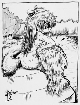 anthro bath breasts butt female nipples nude side_boob skinny_dipping solo tail water mitch_beiro animaniacs warner_brothers minerva_mink mammal mink mustelid musteline true_musteline 1999 monochrome