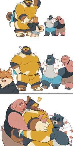 anthro belly big_belly black_body blush bottomwear brown_body bulge clothing eyes_closed footwear groping_from_behind group hoodie kemono male male/male moob_grab overweight overweight_anthro overweight_male pink_body sandals shirt shoes shorts simple_background skinsuit superhero tank_top tight_clothing topwear visor walking white_background young young_anthro young_male quanjiang superhero_dog_(quanjiang) bear canid canine canis domestic_dog domestic_pig mammal suid suine sus_(pig) 2024 absurd_res hi_res