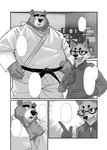 2018 5_fingers anthro bear belt biped black_belt black_eyebrows black_nose bodily_fluids border bottomwear canid canine cheek_tuft clothed clothing comic detailed_background digital_drawing_(artwork) digital_media_(artwork) dipstick_ears duo ear_markings eyebrows eyewear facial_tuft fangs fingers fox front_view fur fur_markings fur_tuft glasses greyscale half-closed_eyes head_tuft humanoid_hands inner_ear_fluff inside looking_at_another looking_up male mammal markings monochrome multicolored_ears multiple_scenes narrowed_eyes neck_tuft oaks16 open_mouth pants shirt speech_bubble standing sweat sweatdrop teeth thick_eyebrows thinking three-quarter_view tongue topwear tuft ursine white_border