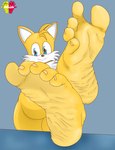 5_toes anthro feet foot_fetish foot_focus humanoid_feet looking_at_viewer male male_feet nude plantigrade simple_background sitting soles solo spread_toes toes wrinkled_feet wrinkles yellow_body elricalde sega sonic_the_hedgehog_(series) miles_prower canid canine fox mammal absurd_res hi_res