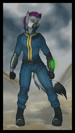 anthro black_border boots border clothing footwear green_eyes hair jumpsuit male purple_hair shoes solo tail vault_suit unknown_artist fallout microsoft canid canine mammal absurd_res hi_res