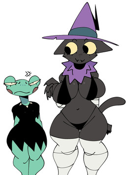 alternate_species anthro black_clothing black_dress butt butt_from_the_front claws clothing cross-popping_vein dress duo eyelashes female female/female finger_claws fingers grey_navel grey_tail hat headgear headwear legwear looking_at_another narrowed_eyes navel purple_clothing purple_hat purple_headwear round_eyes simple_background small_waist tail thick_thighs thigh_gap thigh_highs white_background white_clothing white_legwear white_thigh_highs witch_hat xarop77 catwitch_(xarop77) grefina_(noirchaton4) amphibian domestic_cat felid feline felis frog mammal 2025 digital_drawing_(artwork) digital_media_(artwork) hi_res