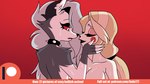 advertisement anthro blonde_hair bodily_fluids breasts duo eyes_closed female female/female fur gradient_background hair human_on_anthro imminent_kiss imminent_sex interspecies long_hair multicolored_body multicolored_fur nude open_mouth red_background red_sclera simple_background sweat two_tone_body two_tone_fur chochi kato777 hazbin_hotel helluva_boss mythology charlie_morningstar loona_(helluva_boss) canid canid_demon canine demon hellhound human humanoid mammal mythological_canine mythological_creature hi_res