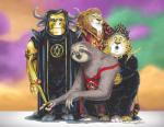 abstract_background anthro barefoot black_nose clothed clothing feet fur group half-closed_eyes holding_object looking_at_viewer male narrowed_eyes simple_background smile standing chrisbcritter disney flash_gordon_(copyright) zootopia benjamin_clawhauser chief_bogo flash_gordon flash_slothmore leodore_lionheart bovid bovine cape_buffalo cheetah felid feline lion mammal pantherine pilosan sloth three-toed_sloth xenarthran