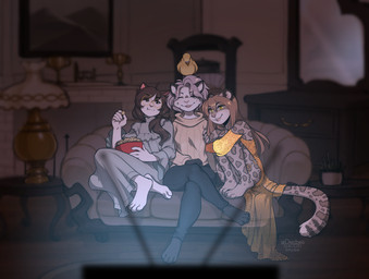 anthro brown_eyes brown_hair clothed clothing female group hair smile kittydee alexandra_(baronvondrachen) domestic_cat felid feline felis leopard mammal pantherine snow_leopard 2020 digital_media_(artwork)