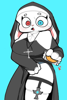 anthro big_breasts black_clothing blue_background blue_eyes bodily_fluids breasts circle_eyebrows clothed clothed_anthro clothed_female clothing cross cross_necklace emoji_description eyebrows female female_anthro fingers floppy_ears front_view fur garter_belt garter_straps grey_clothing heterochromia holding_object jewelry legwear looking_at_viewer lop_ears necklace nun nun_habit nun_outfit open_mouth pink_inner_ear red_eyes religious_clothing round_eyes simple_background solo sweat sweatdrop teal_background thigh_highs white_body white_clothing white_ears white_eyebrows white_fur white_legwear white_sclera white_thigh_highs ssslommm2 lagomorph leporid mammal rabbit 2026 digital_drawing_(artwork) digital_media_(artwork) portrait three-quarter_portrait