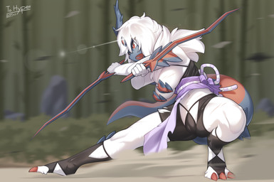3_toes 5_fingers anthro anthrofied breasts camel_toe claws clothed clothing feet female fingers fur genital_outline hair holding_melee_weapon holding_object holding_sword holding_weapon horn melee_weapon navel open_mouth outside partially_clothed red_eyes scar side_view solo spread_legs spreading standing sword teeth toe_claws toes vulva_outline weapon white_body white_fur white_hair zinfyu nintendo pokemon absol generation_3_pokemon generation_8_pokemon hisuian_form hisuian_samurott hybrid pokemon_(species) regional_form_(pokemon) 2024 absurd_res hi_res