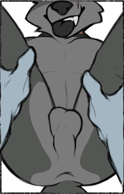 anthro anus backsack balls black_border border butt duo fangs fur genitals grey_body grey_fur grey_nose grey_tongue hands_on_legs male male/male nude simple_background smile tail teeth tongue tongue_out white_background bonfirefox bonfire_(bonfirefox) canid canine fox mammal 2021 hi_res