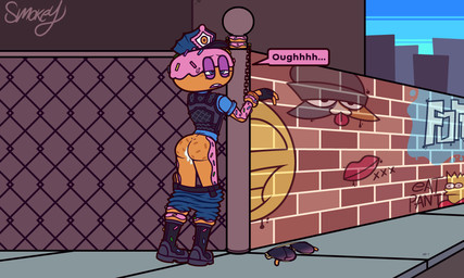 after_sex black_boots black_clothing black_footwear black_topwear black_vest blue_bottomwear blue_clothing blue_eyes blue_jeans blue_pants blue_shirt blue_topwear blush blush_lines bodily_fluids boots bottomwear bottomwear_down bound brick brick_wall broken_glasses butt chain chained chained_cuffs chained_to_pole clothed clothing cross-eyed cuff_(restraint) cum cum_in_ass cum_inside denim denim_bottomwear denim_clothing dessert dialogue doughnut exhausted exposed eyebrows eyelashes eyewear female fence fingerless_gloves food footwear freckled_butt freckles from_behind_position frown genital_fluids genitals glasses gloves graffiti handcuffed handcuffed_to_pole handcuffs handwear hat headgear headwear jeans leaking_cum metal_cuffs open_frown open_mouth pants pants_around_knees pants_down partially_clothed pastry pink_body police police_officer rear_view restraints sex shirt shoes sidewalk solo speech_box speech_bubble sprinkles standing standing_sex sunglasses sweat sweatdrop tan_body text topwear vest wall_(structure) smokey_the_menish epic_games fortnite the_simpsons bart_simpson constable_sprinkle_(fortnite) meow_skulls food_creature food_humanoid humanoid 2026 5:3 absurd_res english_text hi_res signature
