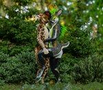 anthro antlers butt clothed clothing duo erection feathers fur genitals green_body green_eyes green_feathers hand_on_shoulder horn hug knot latex latex_clothing looking_at_viewer male male/male multicolored_body multicolored_fur nature nature_background nub_tail outside partially_clothed pawpads paws penis standing translucent translucent_armwear translucent_clothing yellow_eyes kiwidox deer hyena mammal rexouium 3d_(artwork) absurd_res digital_media_(artwork) hi_res