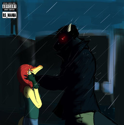 anthro anthro_on_anthro black_body black_hair black_scales bottomwear breasts clothed clothing detailed_background duo eye_contact female grey_eyes hair hand_on_cheek hand_puppet horn jacket long_tail looking_at_another male male/female outside pants raining red_eyes red_hair red_sclera scales shirt sky small_breasts smile snout tail tan_body tan_scales text topwear wet_hair rsmania5 cavemanon_studios puppet_pals snoot_game manny_(snoot_game) schizo_chan_(snoot_game) compsognathid compsognathus dinosaur prehistoric_species reptile saurischian scalie theropod colored english_text