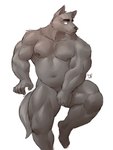 5_fingers anthro belly biceps black_nose blue_eyes brown_body brown_fur covering covering_crotch covering_self eyebrows fingers fur humanoid_hands looking_aside male musclegut muscular muscular_anthro muscular_male navel nipples nude simple_background solo white_background shibacream canid canine canis domestic_dog mammal 2022 3:4 absurd_res hi_res signature