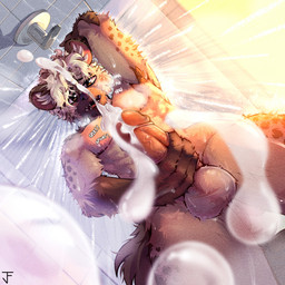 anthro balls bathing big_penis bodily_fluids brown_body brown_fur cum cum_on_viewer cumshot ejaculation fur genital_fluids genitals glans hair inner_ear_fluff low-angle_view male markings masturbation penile penile_masturbation penis penis_grab shower_masturbation showering solo spots spotted_body spotted_fur tuft water wet white_hair worm's-eye_view juantriforce beans_(yeenusyeetus) hyena mammal spotted_hyena 1:1 hi_res