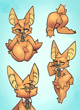 anthro anus balls bodily_fluids butt cum cum_in_mouth cum_inside embarrassed erection eyewear genital_fluids genitals glasses male necktie neckwear penis presenting presenting_anus rear_view semi-anthro short_tail solo tail wings yellow_body sneakyracc chikn_nuggit onyn_ring_(chikn_nuggit) bat eastern_red_bat mammal hi_res