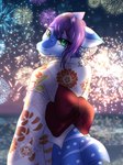 asian_clothing big_tail blue_body blue_skin clothing east_asian_clothing female fireworks flower_kimono green_eyes hair japanese_clothing kimono looking_at_viewer purple_hair smile solo tail white_body white_clothing white_kimono white_skin ketzel99 rigel_(1stsavagery) carpet_shark fish marine shark whale_shark 3:4 absurd_res hi_res