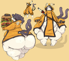 2_tails anthro backsack balls belly big_belly big_butt burger butt clothed clothing eye_patch eyewear food fur genitals holding_burger holding_food holding_object hoodie huge_butt looking_at_viewer male moobs multi_tail obese obese_anthro obese_male overweight overweight_anthro overweight_male question_mark red_eyes scabbard simple_background solo standing tail thick_thighs topwear whiskers white_body white_fur wide_hips wyrming arc_system_works blazblue jubei_(blazblue) domestic_cat felid feline felis mammal 2025 hi_res