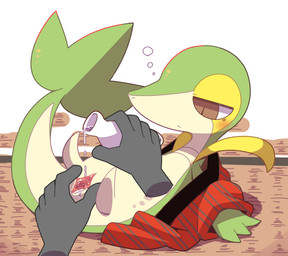 asian_clothing bestiality big_tail biped bipedal_feral blush brown_eyes clothed clothed_female clothed_feral clothing countershading disembodied_hand drunk duo east_asian_clothing female female_feral female_focus feral feral_focus genitals green_body half-closed_eyes haori japanese_clothing lying lying_on_ground narrowed_eyes on_back on_ground red_clothing red_topwear sake_dish side_view solo_focus spread_vulva spreading substance_intoxication tail tan_body tan_countershading topwear vulva crepix nintendo pokemon generation_5_pokemon pokemon_(species) snivy 2025 cel_shading digital_drawing_(artwork) digital_media_(artwork) shaded