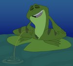 anthro bodily_fluids erection genital_fluids genitals lily_pad male male_peeing peeing peeing_into_water penis plant public_urination relieved solo spread_legs spreading urine urine_stream water vompossum disney the_princess_and_the_frog prince_naveen amphibian frog