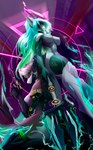 abstract_background anthro athletic athletic_female big_breasts black_sclera breasts duo electricity fangs female female/female fin green_body green_eyes gun hair hand_above_head holding_gun holding_object holding_ranged_weapon holding_weapon kneeling lance lightning long_hair looking_at_viewer melee_weapon midriff navel nipples non-mammal_breasts non-mammal_navel non-mammal_nipples nude polearm purple_eyes ranged_weapon side_boob sparks standing teeth thick_thighs weapon white_hair verolzy aurora_(kamikazekit) drark_(species) fish hybrid marine shark absurd_res hi_res