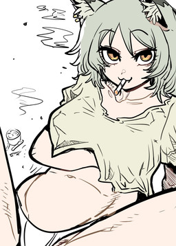 :3 animal_ears breasts cigarette cigarette_in_mouth cigarette_smoke clothing ear_piercing eyebrows eyelashes fangs female female_humanoid grey_hair hair inner_ear_fluff medium_breasts navel object_in_mouth oversized_clothing oversized_shirt oversized_topwear panties piercing pupils raised_eyebrows shirt slightly_chubby slightly_chubby_female slightly_chubby_humanoid slit_pupils smoke smoking smoking_cigarette solo spread_legs spreading teeth topwear tuft underwear ryu10733 chainsmoker_cat yaniko_satou animal_humanoid felid felid_humanoid feline feline_humanoid humanoid mammal mammal_humanoid 2026 absurd_res digital_drawing_(artwork) digital_media_(artwork) hi_res