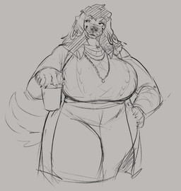 anthro beverage big_breasts bottomwear breasts clothed clothing coat ear_piercing ear_ring female female_anthro front_view hand_on_hip holding_beverage holding_object huge_breasts jewelry looking_aside mouth_closed necklace open_clothing open_coat open_topwear overweight overweight_anthro overweight_female pants piercing ring_piercing simple_background solo standing topwear jezzlen millie_(jezzlen) canid canine canis domestic_dog mammal hi_res monochrome portrait sketch three-quarter_portrait