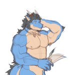 abs anthro armpit_hair black_hair blue_body blue_scales body_hair bow_tie bow_tie_only hair horn long_hair male mostly_nude muscular muscular_male nipples non-mammal_nipples nude paper pecs ponytail raised_arm scales solo tail tail_hair tanmoji_x anothereidos_of_dragon_vein_r mythology folker_(anothereidos_r) dragon mythological_creature mythological_scalie scalie hi_res