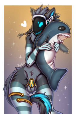 anthro balls blue_penis bottomless bottomless_anthro bottomless_male chastity_cage chastity_device clothed clothing femboy fluffy genitals gold_(metal) gold_chastity_cage gold_chastity_device grey_body happy legwear locked machine male neon nude nude_anthro nude_male penis playful plushie smile solo stockings submissive submissive_anthro submissive_male topless toy rogbiejoke ikea blahaj protogen absurd_res digital_media_(artwork) hi_res