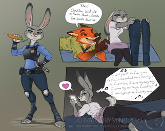 4_fingers 4_toes accessory aloha_shirt annoyed anthro bed biped black_nose bottomwear bulletproof_vest butt carrot_pen claws clothed clothed_anthro clothed_female clothed_male clothing countershade_face countershade_fur countershading dialogue duo feet female fingers fur furniture green_eyes grey_body grey_fur hindpaw holding_bottomwear holding_clothing holding_object holding_pants humanoid_hands knee_pads lying lying_on_bed male necktie note_pad on_bed on_front open_mouth open_smile pants pattern_clothing pattern_shirt pattern_topwear paws pen pink_nose police police_uniform purple_eyes red_body red_fur scut_tail shirt short_tail smile speech_bubble standing tail teasing text toes topwear torn_bottomwear torn_clothing torn_pants uniform myfurrymind disney zootopia judy_hopps nick_wilde canid canine fox lagomorph leporid mammal rabbit red_fox true_fox 2023 english_text