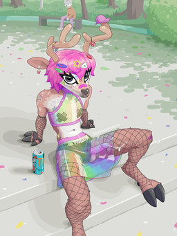 anthro antlers bodily_fluids clothing cum cum_on_leg cum_on_own_leg cum_on_self ear_piercing ear_ring ejaculation femboy fishnet_stockings genital_fluids genitals hair hands-free horn humiliation male penis penis_poking_out penis_through_leghole piercing pink_hair public public_humiliation ring_piercing translucent translucent_clothing cravingcreature monster_energy deer mammal 3:4 absurd_res hi_res