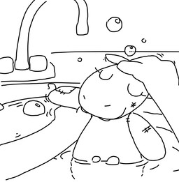 ambiguous_gender anthro assisted_bathing bath bathtub bubble duo eyes_closed female plushie simple_background smile water the_weaver toybox_pals princess_hippo_(toybox_pals) ambiguous_species animate_inanimate common_hippopotamus hippopotamid mammal black_and_white monochrome