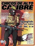 anthro black_body black_fur bottomless clothed clothing covering fur gun looking_at_viewer male military_uniform pose ranged_weapon smile smiling_at_viewer solo suggestive text uniform weapon ralexia sydney_onmars canid canine canis mammal wolf hi_res pinup spanish_text translated